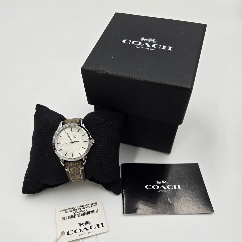 Coach Women's Silver Dial Watch with Signature Brown Strap